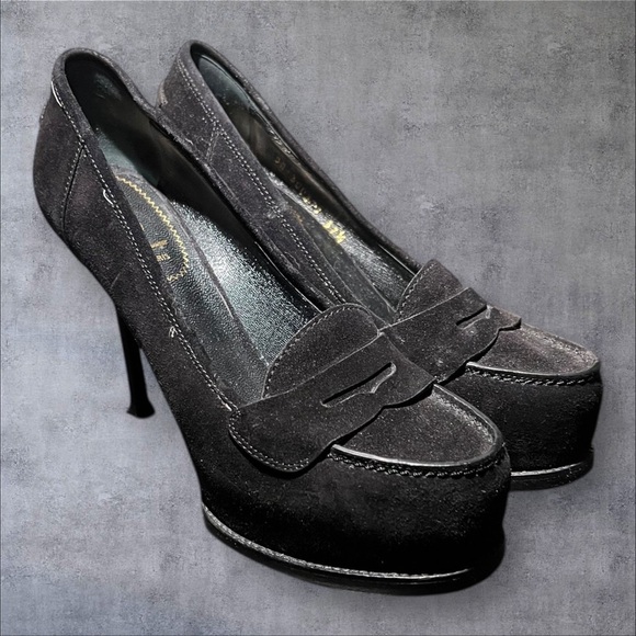 Yves Saint Laurent Shoes - Authentic YSL Black Suede Penny Loafer Heels – Size 37.5